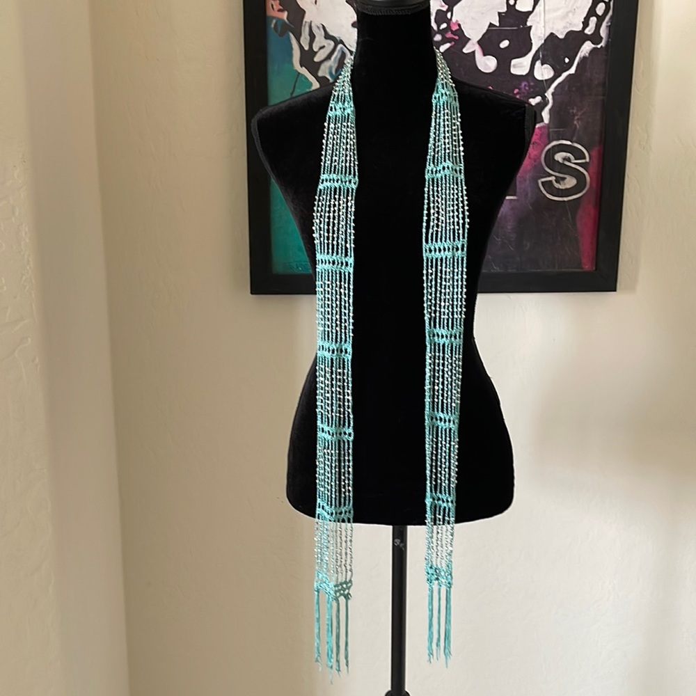 Beautiful Aqua Blue With Silver Beads Knit Beaded Scarf